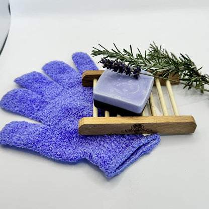 Purple Lavender and Rosemary dog shampoo bar with Purple exfoliating glove